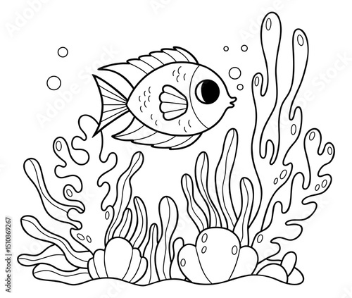 Outline Beautiful tropical fish with algae and corals on seabed and Coral Reef. Coloring Page. Line drawing. Vector illustration. Kids collection