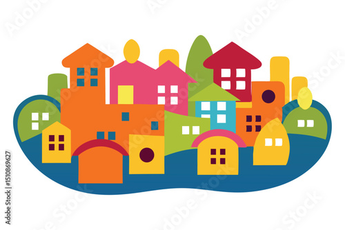 Colorful Vector of Crowded Cityscape Merging into Peaceful Village – Urban Growth & Population Transition Art.