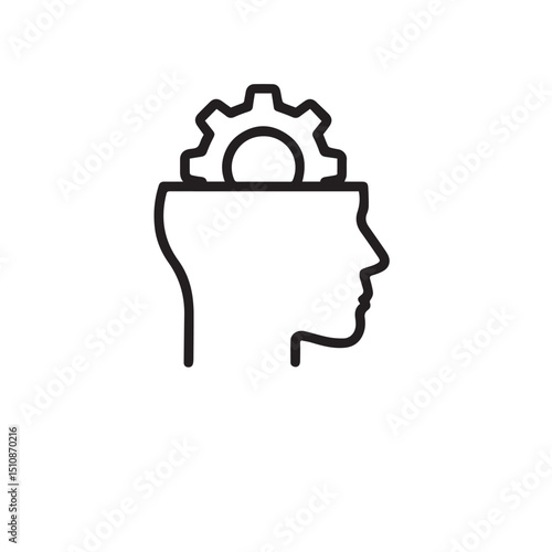 Minimalist Black and White Line Art Icon of Gear Symbolizing Mind, Creativity, and Innovation