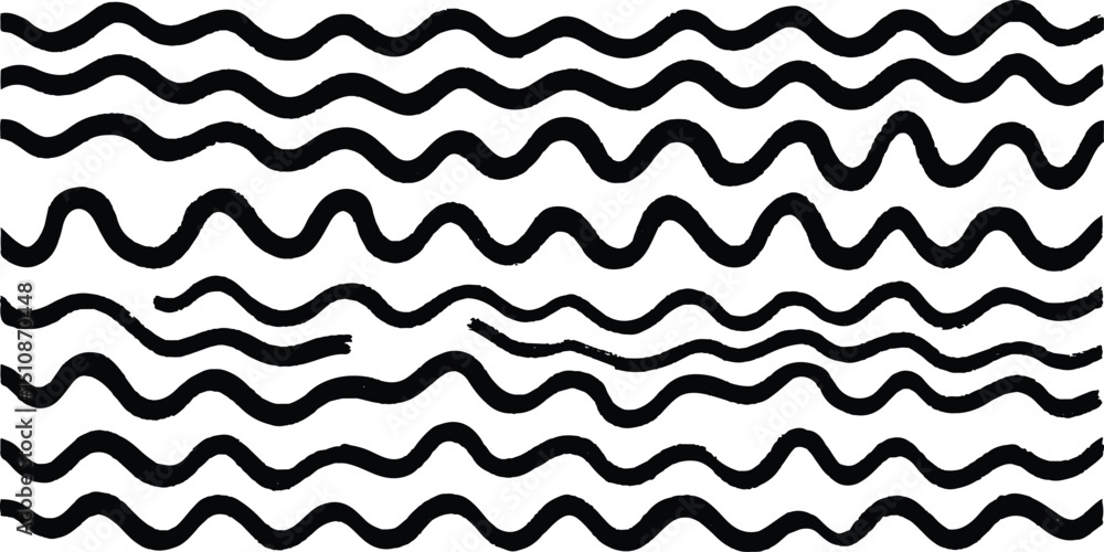 Horizontal wavy lines are arranged in a parallel pattern, wavy black and white seamless pattern with waves in a row on white background. Abstract endless texture with hand drawn curved smooth lines. Horizontal wavy lines are arranged in a parallel pattern, wavy black and white seamless pattern with waves in a row on white background. Abstract endless texture with hand drawn curved smooth lines.