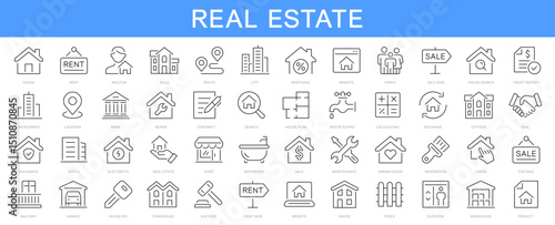 Real Estate thin line icons set. Mortgage, house, realtor, home, loan icon. Editable stroke. Vector illustration