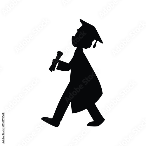 A cheerful young male figure dressed in a graduation gown and cap holding a diploma