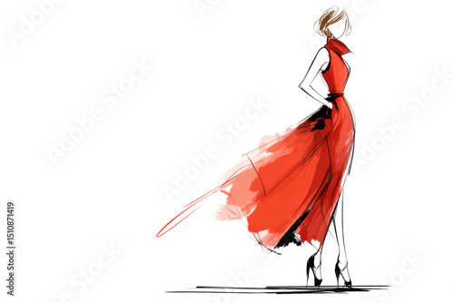 PNG Elegant fashion illustration of female figure in flowing red dress