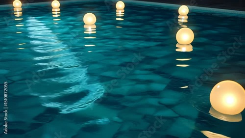 Illuminated spheres float on teal pool water at night