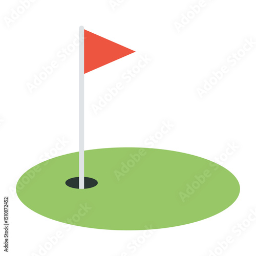 Golf course hole with flag vector illustration. Sport or leisure symbol for golf game, tournament, putting green, or outdoor activity. Colorful illustration isolated on white background.