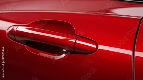 A close up view of a shiny red car door with a modern handle design in a bright studio setting light