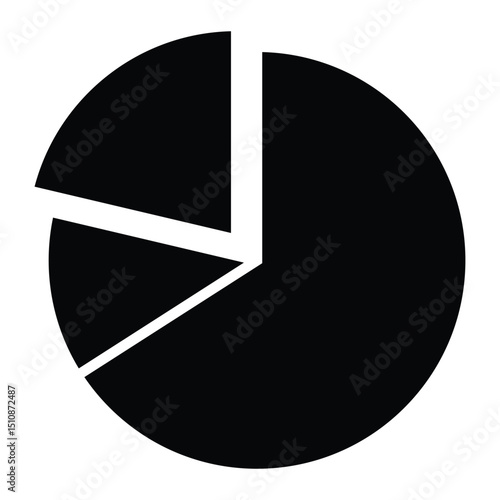 Pie chart vector icon with three uneven segments. Business, data, or analytics symbol for reports, presentations, statistics, finance, or marketing. Black silhouette isolated on white background.