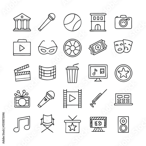 Editable Stroke Icon Set – Linear Icons Representing Fun, Pop Culture, Stage Performance, and Multimedia Entertainment – Modern Vector Design