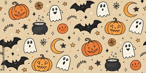 Cute Halloween pattern with pumpkins, ghosts, and bats