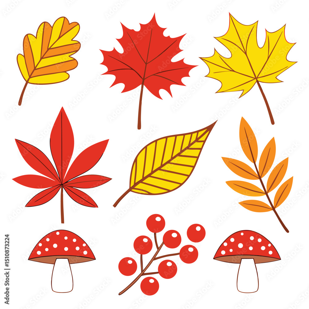 Obraz premium Colorful autumn elements featuring leaves berries and mushrooms on a clean white background