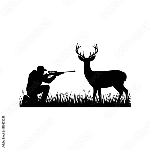 Hunter Aiming at Deer: A striking black and white silhouette of a hunter aiming a rifle at a majestic deer standing tall in the grass.