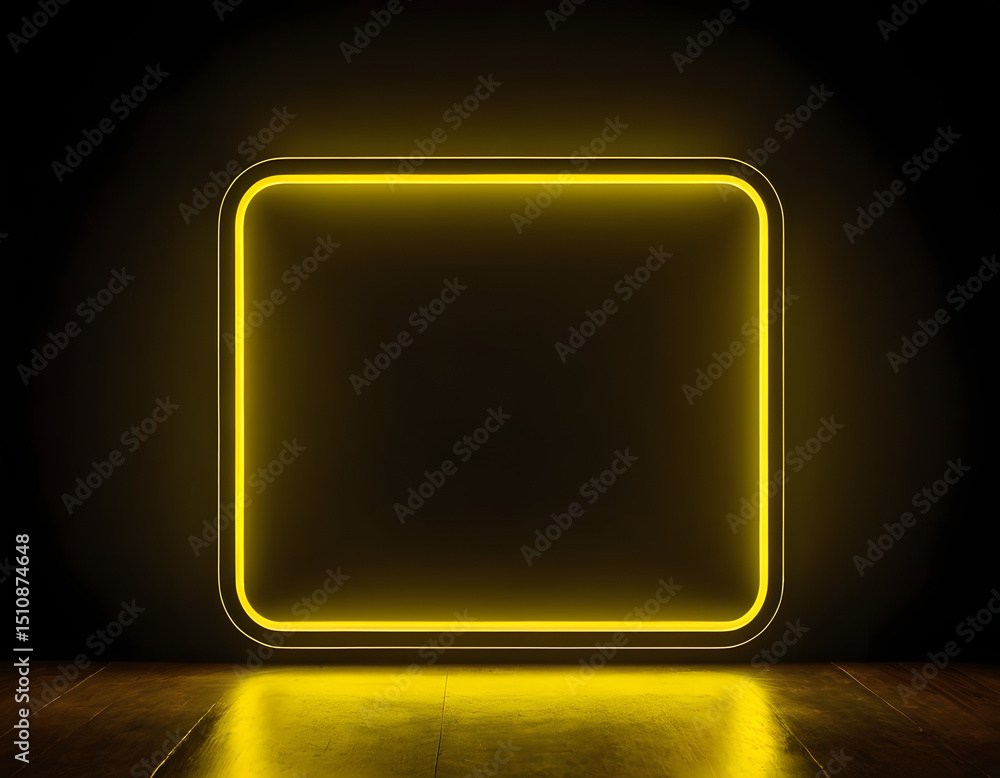 neon yellow square frame with free space between and with rounded edges dimly glowing with light on dark background, copy space, empty yellow neon frame on black background neon yellow square frame with free space between and with rounded edges dimly glowing with light on dark background, copy space, empty yellow neon frame on black background