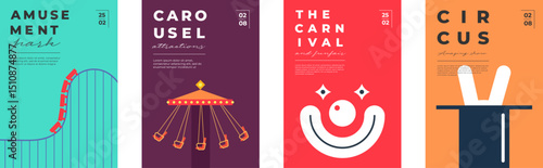 Colorful amusement park poster with ferris wheel, roller coaster, carousel and clown silhouettes. Funfair and circus theme. Flat vector design for flyer, invitation or carnival celebration.
