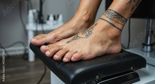 Close-up of male feet with tattoos on salon footrest before pedicure