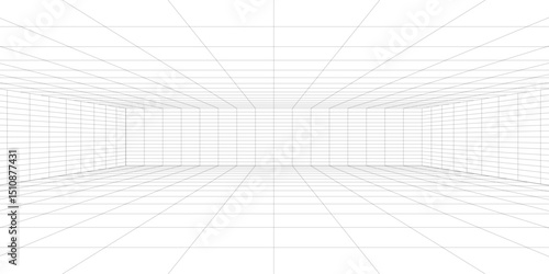 Room projection grid in futuristic 3d style. Outline futuristic grid background, room projection. Wireframe grid template in perspective view. Vector