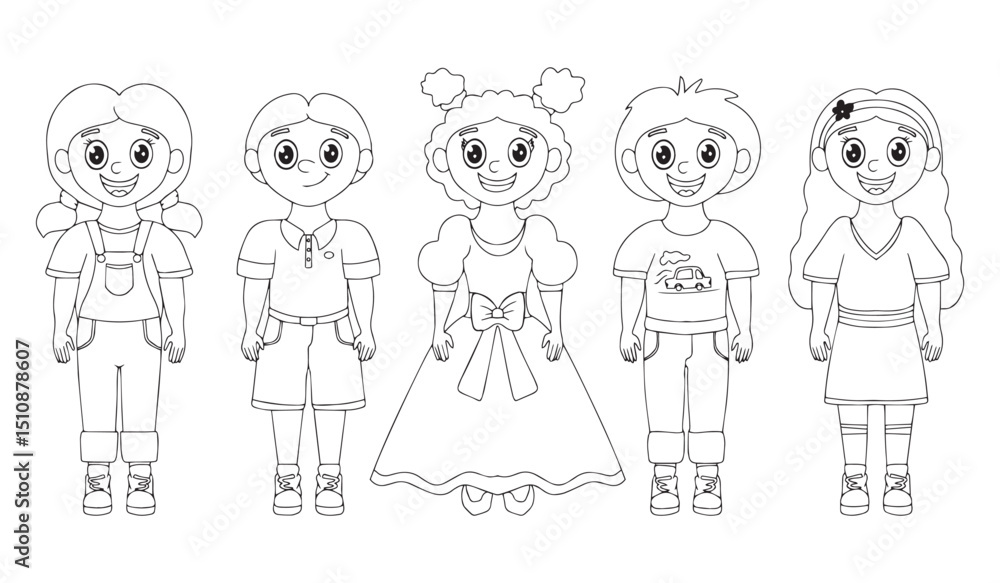  happy children hand drawn. Cute boys and girls smiling. Design for international children's day.