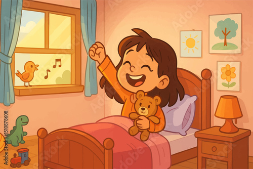 A young girl wakes up in a warm, sunlit bedroom, hugging her teddy as a bird sings outside the window.