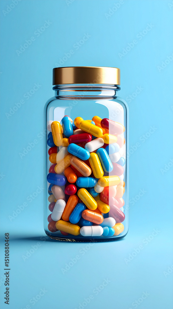 Colorful Capsules in a Glass Jar on a Blue Background Colorful Capsules in a Glass Jar on a Blue Background