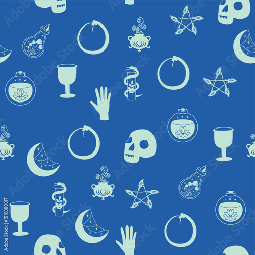 Silhouettes Magic symbols seamless pattern, with magical elements such as snake, eye, tarot cards, hand, skull, potion, moon, butterfly, mushrooms, stars. Witchcraft theme symbols and elements.