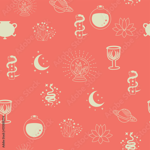 Silhouettes Magic symbols seamless pattern, with magical elements such as snake, eye, tarot cards, hand, skull, potion, moon, butterfly, mushrooms, stars. Witchcraft theme symbols and elements.