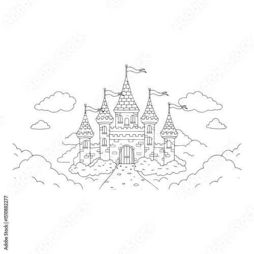 Enchanting castle coloring page illustration for children in a dreamy style