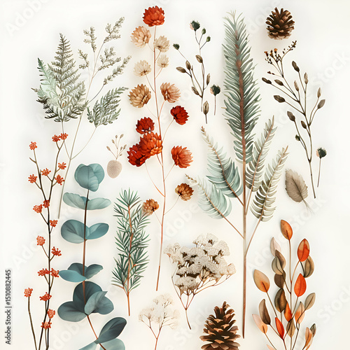 Dried Flowers and Greenery. Autumn Botanical Illustration