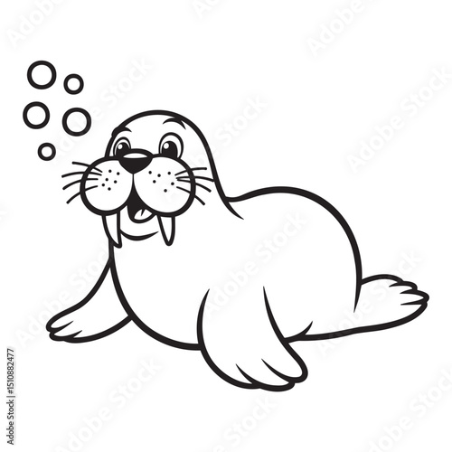 Funny walrus coloring page illustration for children with bubbles in a cheerful style