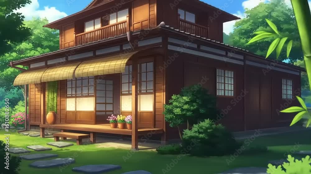 Tranquil wooden house surrounded by lush greenery, showcasing vibrant flower pots and serene atmosphere Tranquil wooden house surrounded by lush greenery, showcasing vibrant flower pots and serene atmosphere