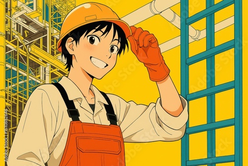 ヘルメットを被った笑顔の若い建設作業員のイラスト
