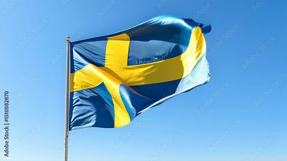 Swedish Flag Waving Proudly Against a Clear Blue Sky Backdrop Video
