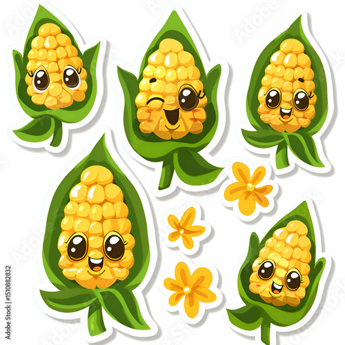 Adorable Cartoon Corn Stickers. Cute Vegetable Illustrations
