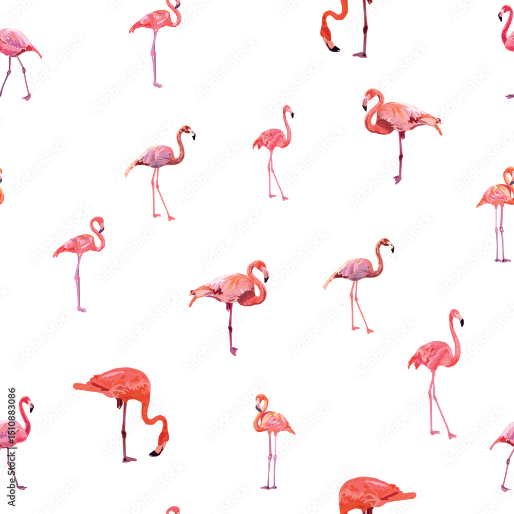 Obraz premium Seamless pattern with cute flamingo with tropical monstera and palm leaves, swimwear fabric.