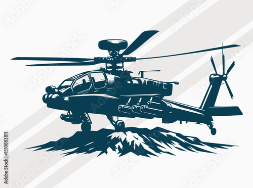 Apache Military Helicopter Silhouette Design for Tactical Aviation and Defense.