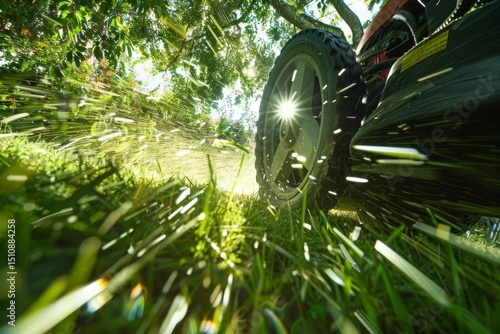 Low-angle shot of lawnmower cutting grass; sun flares through trees. Green and brown tones dominate. Motion blur of cut grass.