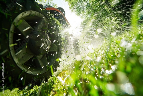 Low-angle shot of lawnmower cutting grass, blades visible, with sunlight streaming through trees.