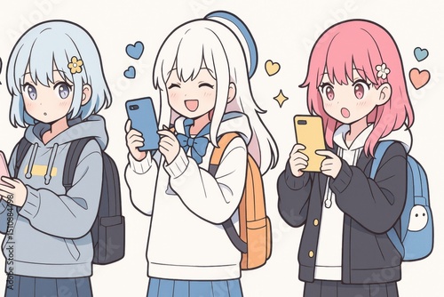 スマートフォンを持つ3人の日本人女子学生のイラスト