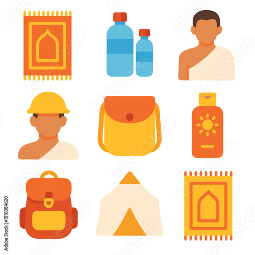 Hajj equipment icons for pilgrimage necessities, suitable for graphic design projects, social media posts, and educational materials for hajj.