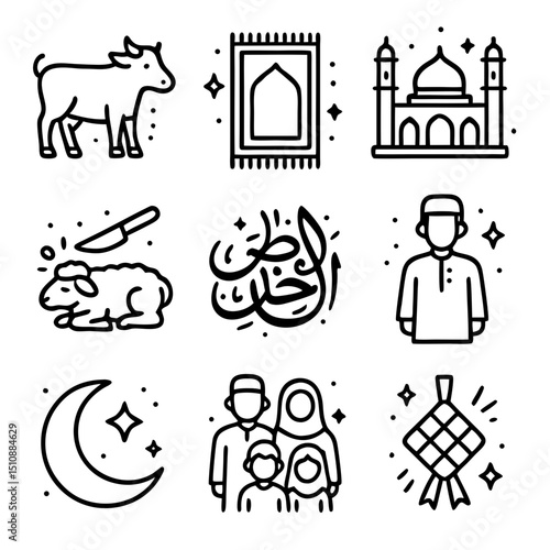 Eid al adha icons pack show Islamic holidays and traditions, perfect for greeting cards, social media posts, posters, and websites.