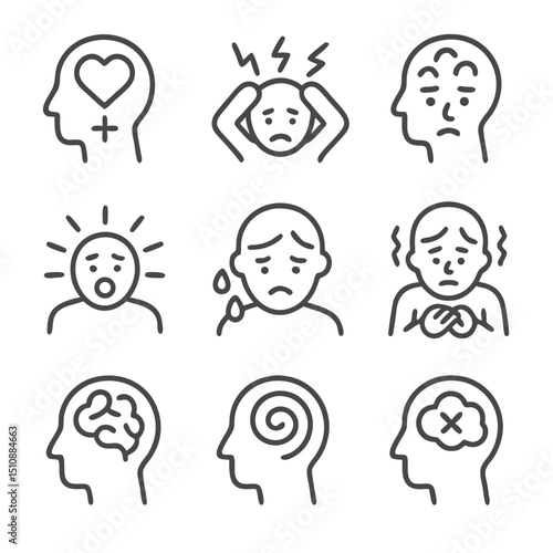 Anxiety icons pack featuring human heads with mental health icons. Ideal for mental health awareness materials and educational resources.