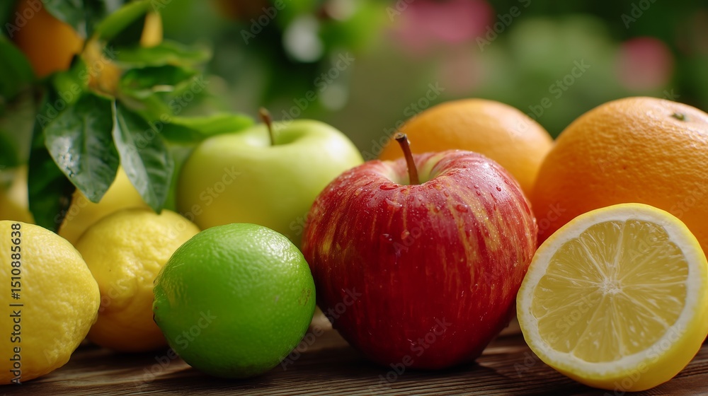 A green apple and a red apple are sitting on a table next to a yellow lemon A green apple and a red apple are sitting on a table next to a yellow lemon