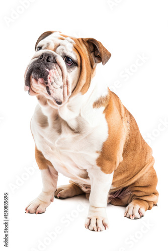 An adorable brown English bulldog puppy sits on a white background, a cute purebred canine studio portrait
