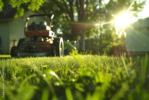 Low-angle view of green grass with a blurry lawnmower and a bright sun in the background.