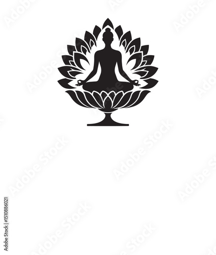 Silhouette of a  Person Meditating with Lotus Shape Behind , isolated on a white background