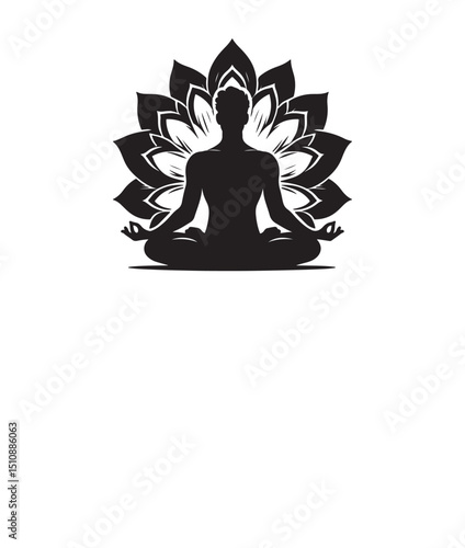 Silhouette of a  Person Meditating with Lotus Shape Behind , isolated on a white background