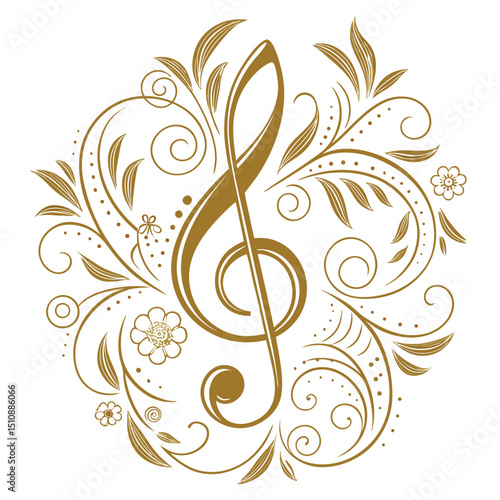 Golden treble clef with ornate swirls and floral motif