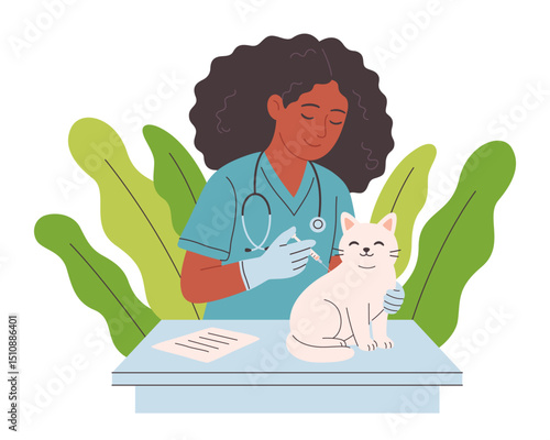 Veterinary doctor examining and cure pet in veterinarian office. Pets in a veterinary clinic. Veterinarian day. Vector illustration in flat style