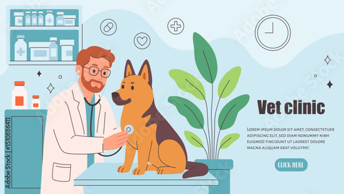 Veterinary doctor examining and cure pet in veterinarian office. Pets in a veterinary clinic. Veterinarian day. Vector illustration in flat style