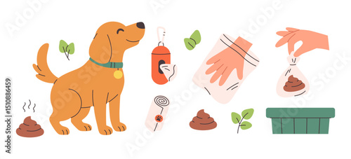 Clean up after your dog concept. Pet care, environmental awareness waste disposal. Vector illustration in flat style