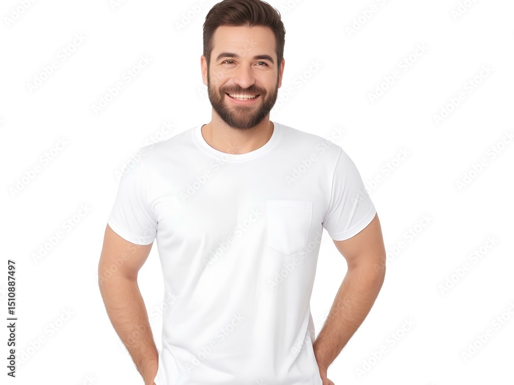 A confident, smiling man radiates positivity wearing a crisp white t-shirt with a small pocket, against a bright white background. A confident, smiling man radiates positivity wearing a crisp white t-shirt with a small pocket, against a bright white background.
