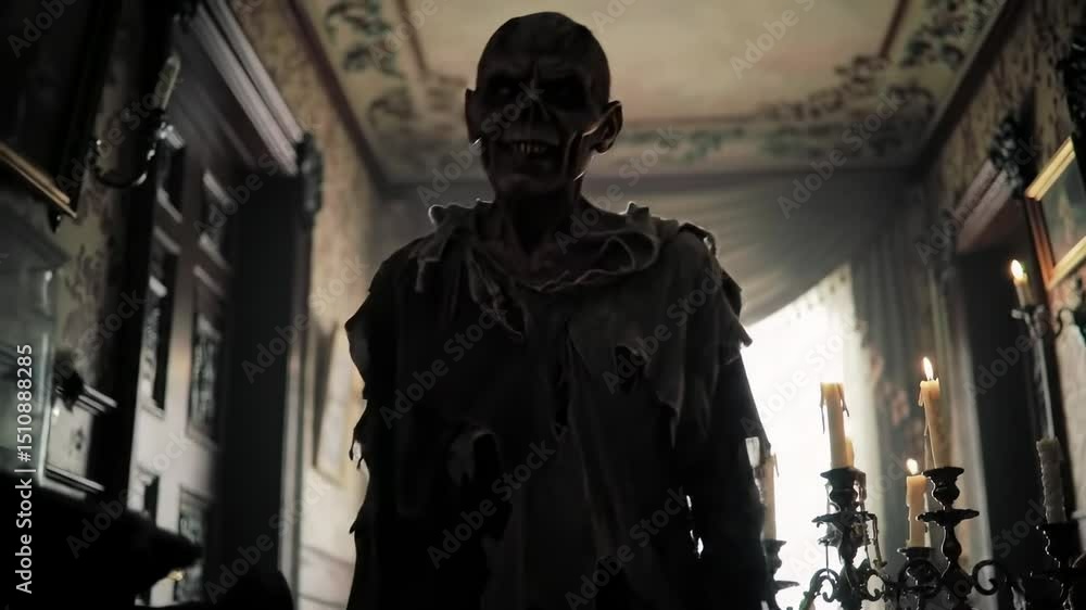 Undead creature holding candelabra in haunted house corridor. Halloween horror scene.
Undead creature holding candelabra in haunted house corridor. Halloween horror scene.